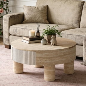 YWEN 31.5" Round Coffee Table with Flip Top and Hidden Storage, Faux Marble Tabletop for Living Room, Modern Wooden Circle Center Table, Tea Table for Apartment, Office, Beige Mars Pattern