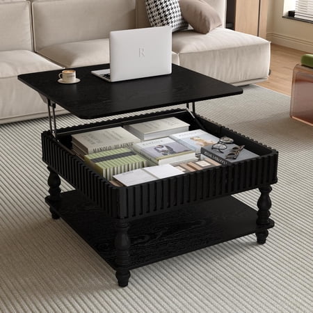 YWEN 31.5" Square Lift Top Coffee Table with Storage Modern Fluted Coffee Tables with Lifting Top, Farmhouse Solid Wood Center Table with Table Legs for Living Room, Apartment or Office