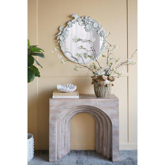 YWEN 32.3" Arched Sculptural Console Table with Faux Travertine Finish, Modern Faux Stone Hallway Table Narrow Accent Magnesium Oxide Entryway Sofa Table for Living Room, Corridor (Beige)