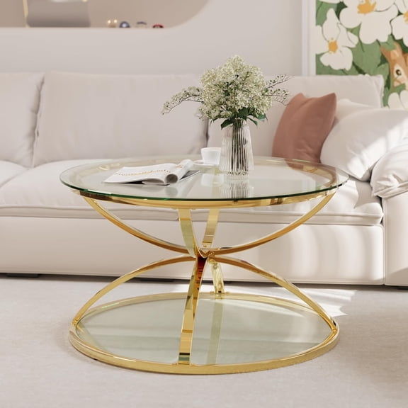 YWEN 32" Tempered Glass Round Coffee Table Modern Chrome Frame Dome Base Two Tiers Circle Living Room Center Tables