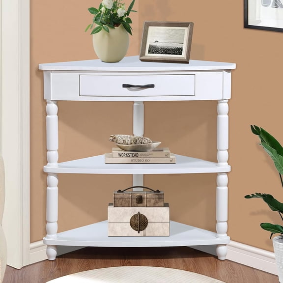 YWEN 33.86" Corner Table, Wood 3 Tier Triangle Side Table Corner Shelf Stand with Solid Wood Legs 1 Drawer & 2 Storage Shelves for Living Room Small Space