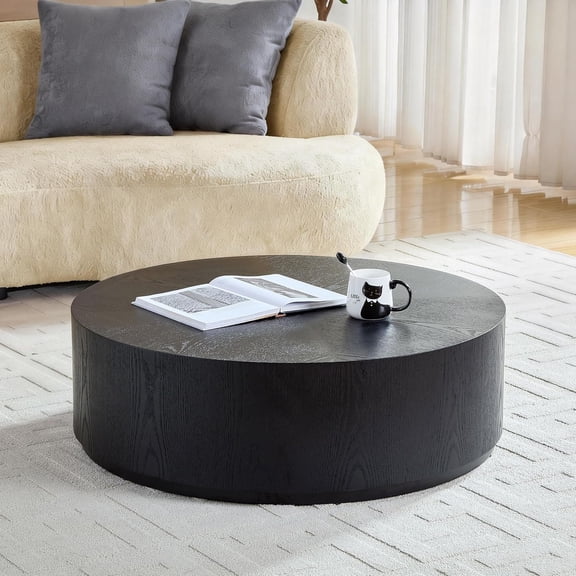 YWEN 35.43 Inch Round Coffee Table, Drum Coffee Table for Living Room, Circle Center Table for Office,No Need Assembly,Black