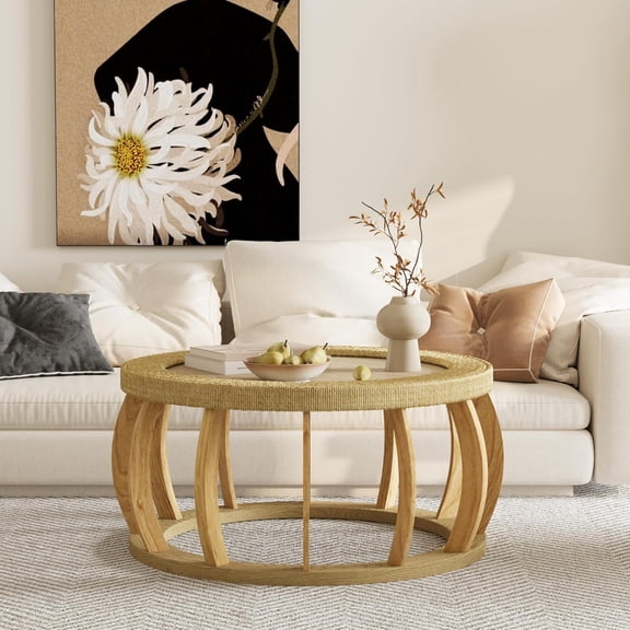 YWEN 35.43" Rattan Round Coffee Table with Solid Wood Top, Vintage Accent Table with Curved Legs, Boho Side Tables for Dining Room, Kitchen, Living Room