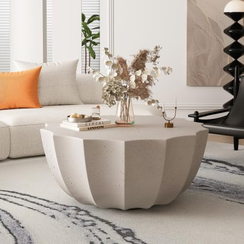 YWEN 35" Indoor Round Coffee Table, Waterproof Coffee Table Modern Cement Design End Tables for Living Room, Outdoor Patio Coffee Tables for Garden, Backyard, Balcony