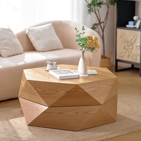 YWEN 36.61" Modern Drum Coffee Table with Hidden Storage, Farmhouse Coffee Table, Retro Round Coffee Table for Living Room, Office, Nature