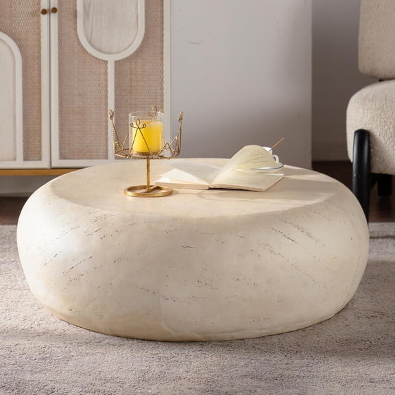 YWEN 36'' Mid-Century Round Centre Coffee Table Vintage Faux Stone Sofa Pre-Modern Coffee Tables Beige Coffee Table for Living Room Office Apartment
