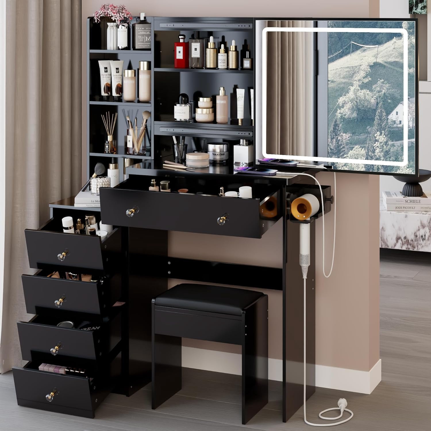 YWEN 37" Make Up Vanity with Multiple Drawers 5, Makeup Desk 2 Ac+2 USB