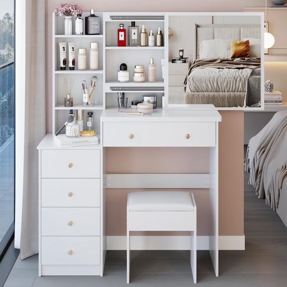 YWEN 37" Middle Vanity Desk with Lighted Mirror and Cushioned Stool, Makeup Vanity Set with Large Sliding, Touch Control, Tri-Color Switching for Bedroom Living Room