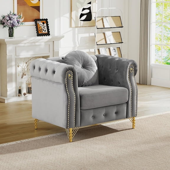 YWEN 37-inch Single Chesterfield Sofa Chair, Mid Century Modern Sofa Couch with Button Tufting & Rolled Arms, Comfy Upholstered Velvet Deep Seat Couch for Living Room Office