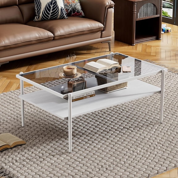 YWEN 38.4'' Modern Glass Coffee Table, Rectangle Gray Tempered Glass Top with White Metal Frame, 2-Tier Center Table with Storage MDF Shelf, Glass Coffee Tables for Living Room, Apartment, Office