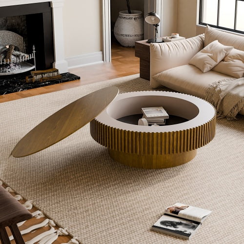 YWEN 39.37'' Round Coffee Table with Storage, Solid Wood Veneered Modern Drum Coffee Table Accent Tea Table for Living Room, Bedroom, Apartment or Office