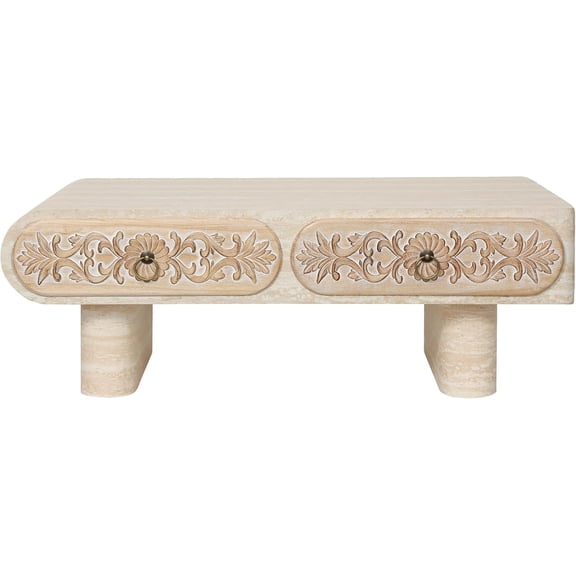 YWEN 39.5" Faux Mars Coffee Table with Storage, Modern Travertine Coffee Tables with 2 Solid Wood Carved Drawers for Living Room, Rectangular Coffee Center Tea Table with Sturdy Legs for Apartment