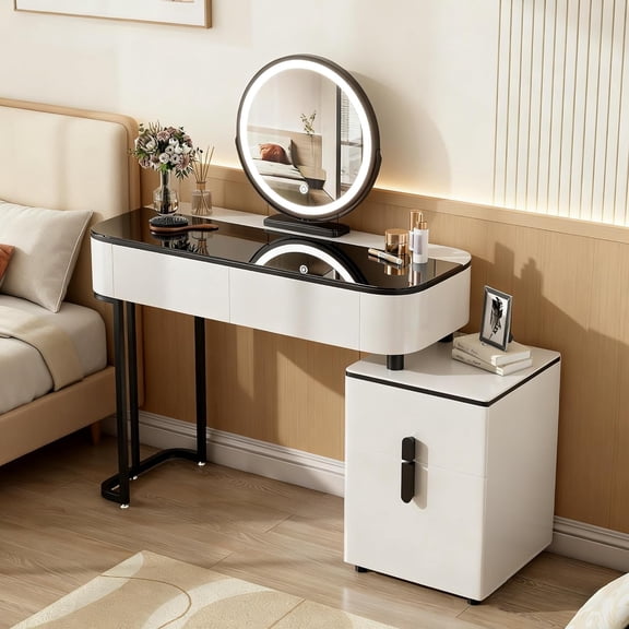 YWEN 39" Modern Makeup Vanity Desk with Tempered Glass Top & LED Round Mirror, Adjustable Black and White Dressing Table with Reversible 3-Drawer Cabinet, Extendable Vanity Set for Small Bedroom