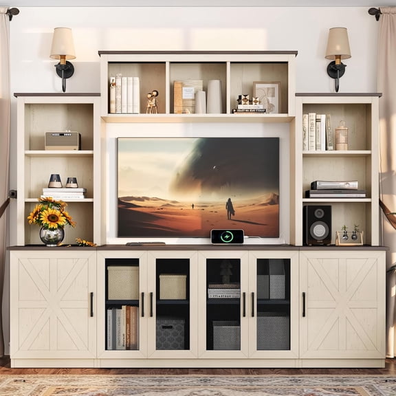 YWEN 4-Piece Entertainment Center Wall Unit for TVs up to 55", Farmhouse Large TV Stand with Bookshelves, 6 Doors & Charging Stations, Rustic Large Media Console for Living Room, Beige