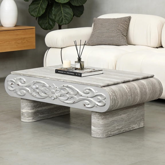 YWEN 40 Inch Beige Carved Lift Top Coffee Table with Hidden Storage Compartment, Modern Minimalist Rectangular Coffee Table with Large Storage Space for Living Room