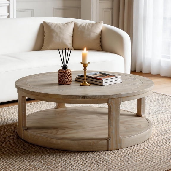 YWEN 40" Round Coffee Table with Wheels, Circle 2 Tier Solid Wood Center Coffee Table, Mid Century Retro Farmhouse Rounded End Table for Living Room Apartment, ø40 x 17.52" H