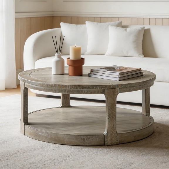 YWEN 40" Round Coffee Table with Wheels, Circle 2 Tier Solid Wood Center Coffee Table, Mid Century Retro Farmhouse Rounded End Table for Living Room Apartment, ø40 x 17.52" H