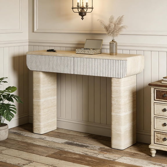YWEN 42.24" Rectangular Console Table with Two Drawers, Modern Faux Stone Wooden Hallway Entryway Table Accent Sofa Table for Living Room, Foyer, Corridor, Easy Assembly, Beige Brown