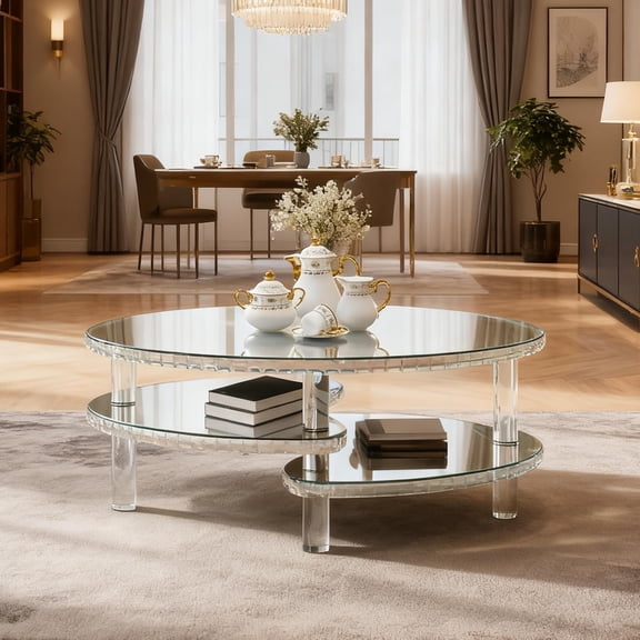 YWEN 43.3-Inch Modern Mirrored 3-Tier Coffee Table Oval Mirrored Coffee Table with Crystal Decor & Acrylic Legs, Silver Living Room Center Table Oval Sofa Side Desk for Home Office