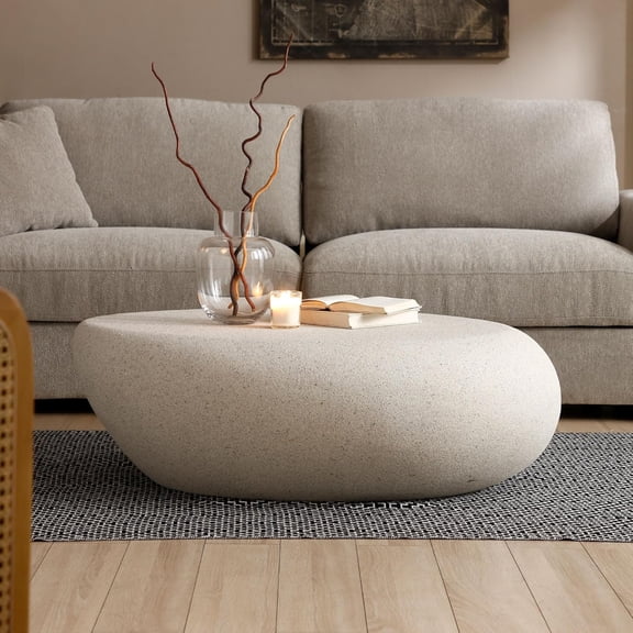 YWEN 43.3" Oval Coffee Table for Living Room Faux Stone Center Table Contemporary Tea Table for Office, Apartment, No Need Assembly
