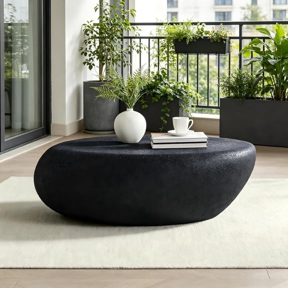 YWEN 43.3" Oval Coffee Table for Living Room Faux Stone Center Table Contemporary Tea Table for Office, Apartment, No Need Assembly