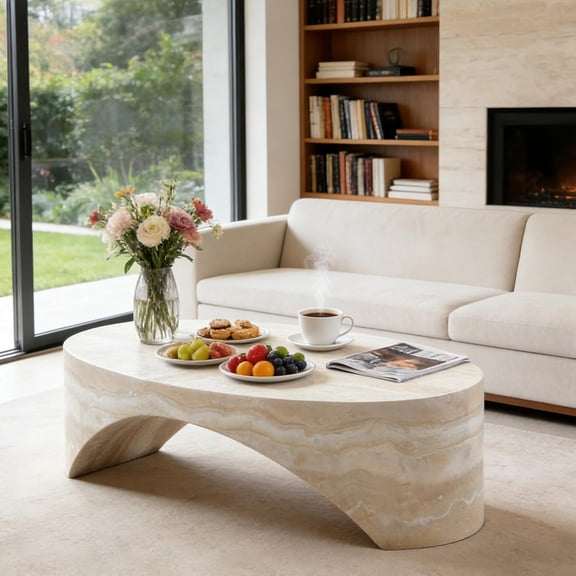 YWEN 43.31" Oval Coffee Table in Faux Marble,Stylish and Modern Fiberglass Dining Table, No Assembly Modern Center Table for Living Room, Office, or Balcony