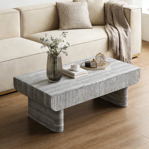 YWEN 46.8" Coffee Table with Faux Marble Tabletop,Mid Century Modern Coffee Table with Fluted Drawer for Living Room,Office
