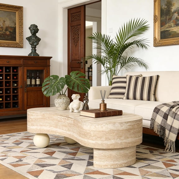 YWEN 47.2" Cloud Coffee Table with Hidden Storage Space, Modern Faux Stone Woodern Cute Center Table, Accent Irregular Tea Table for Living Room Apartment, Easy Assembly, Beige Brown