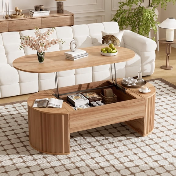 YWEN 47.2'' Lift Top Oval Coffee Table with Hidden Storage Compartment, Modern Wooden Center Table with Oval Lift Tabletop for Home Living Room