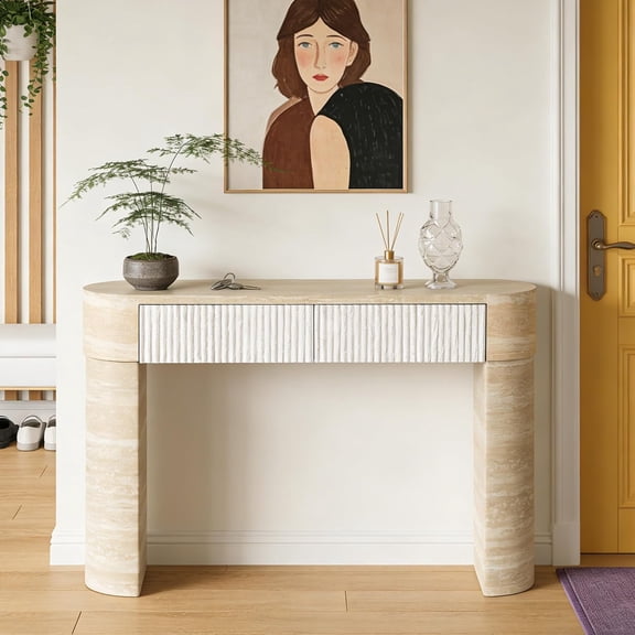 YWEN 47'' Console Table with Two Hidden Handle Drawers, Entryway Modern Long and Narrow Foyer Table Sofa Table with Faux Marble Tabletop for Living Room and Hallway, Beige