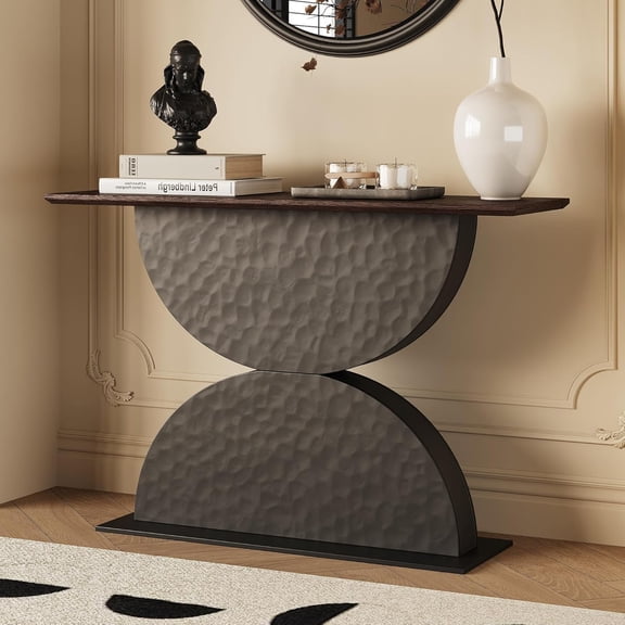 YWEN 47" Modern Console Table with Double Semi-Circle 3D Hammer-Shaped Textured Base, Sofa Center Table with LED Lights, Narrow Entryway Tables for Hallway Living Room, Walnut Black