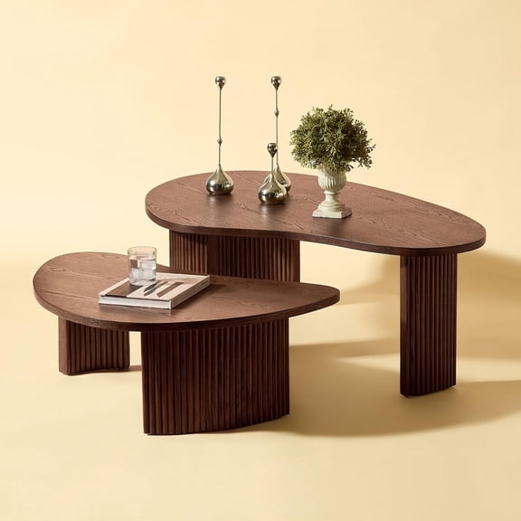 YWEN 49.41" Wood Cloud Nesting Coffee Table Set of 2 Irregular Curved Moon Shape Modern Wooden Circle Accent Side End Table with Round Edge Strong Legs for Living Room Small Apartment