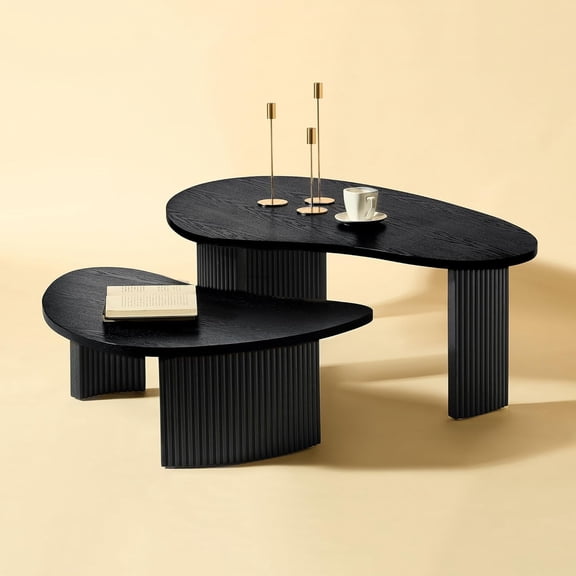 YWEN 49.41" Wood Cloud Nesting Coffee Table Set of 2 Irregular Curved Moon Shape Modern Wooden Circle Accent Side End Table with Round Edge Strong Legs for Living Room Small Apartment