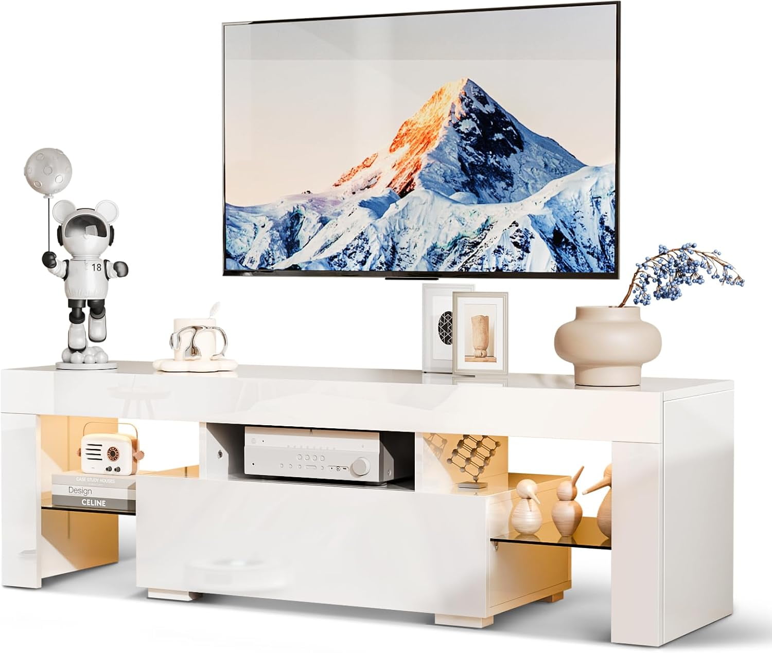 YWEN 51'' LED TV Stand, High Glossy Modern Entertainment Center with LED Lights and Storage for 40/43/50/55 Inch TV (White, 51'' x 14'' x 18'')