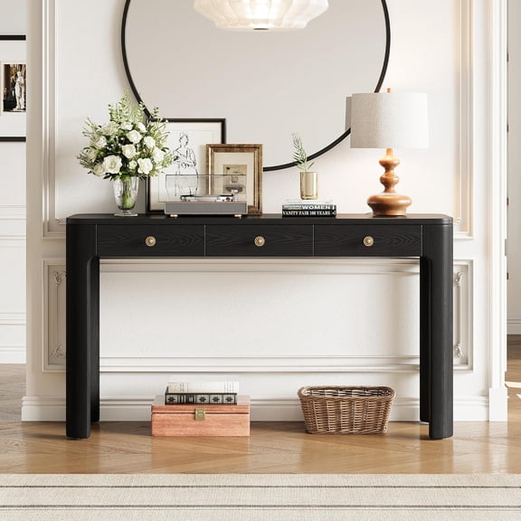 YWEN 52" Console Table with 3 Drawers, Rustic Entryway Table with Curved Corners, Narrow Long Sofa Table for Living Room, Hallway, Entrance, Behind Couch, Foyer, Sturdy Thick Legs