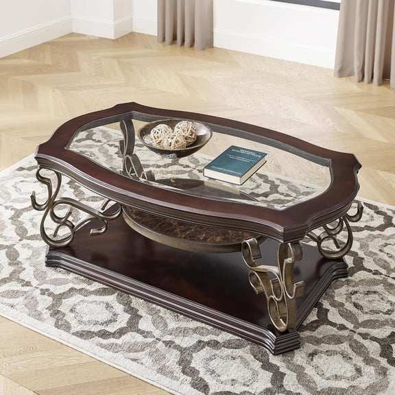 YWEN 52'' Dark Brown Retro Wooden Coffee Table with Glass Top for Living Room Dining Room Bedroom Office(Brown)