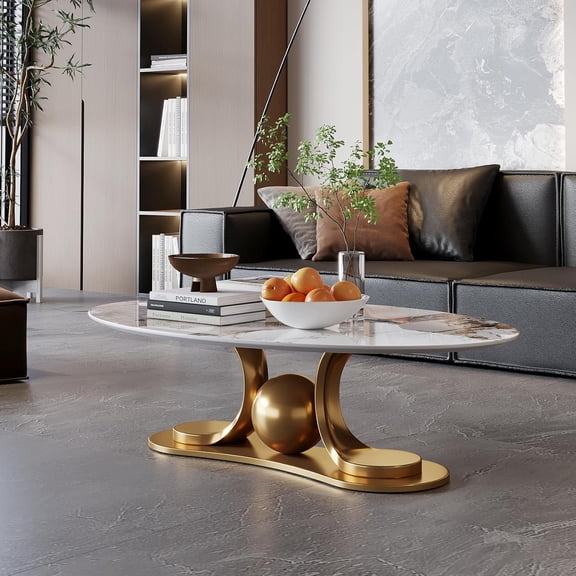 YWEN 52" Oval Marble Coffee Table for Living Room, Modern Stainless Steel Gold Metal Base, Scratch-Resistant Accent Table, Luxury Center Table for Home Decor, Easy Assembly
