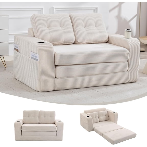 YWEN 54 Inch Convertible Sleeper Sofa Bed, Pull Out Loveseat Sleeper Sofa & 2 in 1 Fold Out Floor Couch with Pillows, Side Pockets, Cup for Living Room Bedroom Lounge