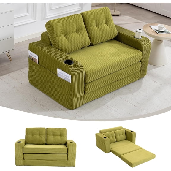 YWEN 54 Inch Convertible Sleeper Sofa Bed, Pull Out Loveseat Sleeper Sofa & 2 in 1 Fold Out Floor Couch with Pillows, Side Pockets, Cup for Living Room Bedroom Lounge
