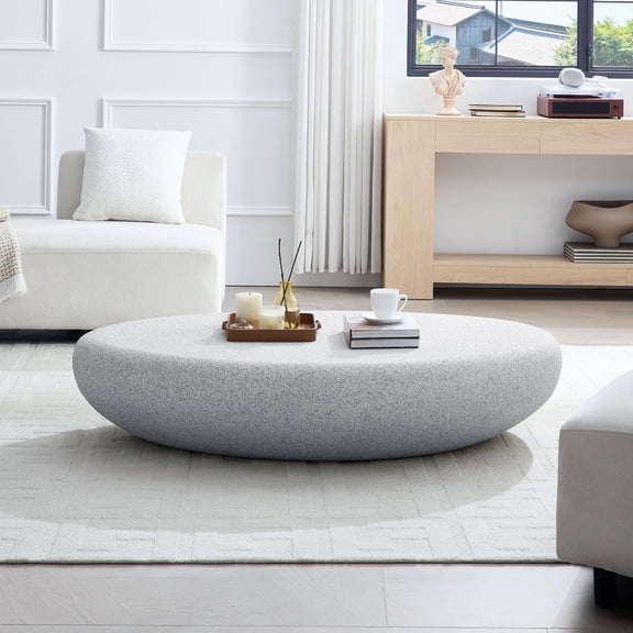 YWEN 55.12'' Faux Stone Coffee Table for Living Room, Modern Contemporary Rustic Rock Curved Oval Coffee Table, Fiberglass Material, No Assembly, Gray