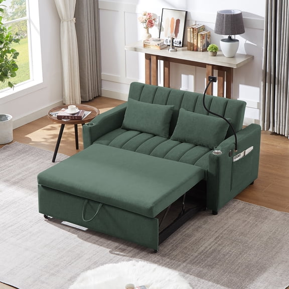 YWEN 55.9" Convertible Sleeper Sofa Bed with 3 USB Ports,2 Side Pockets,Cup Holders and 360°Swivel Phone Holder,Loveseat w/Pull-Out Bed,2 Pillows, Adjustable Backrest,for Living Room