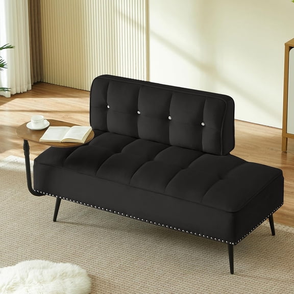 YWEN 55" Inch Width Modern End of Bed Bench, Leather Upholstered Futon Sofa Couch with Back & 360° Swivel Side Table for Small Spaces Living Room, Entryway Ottoman Bench for RV Office