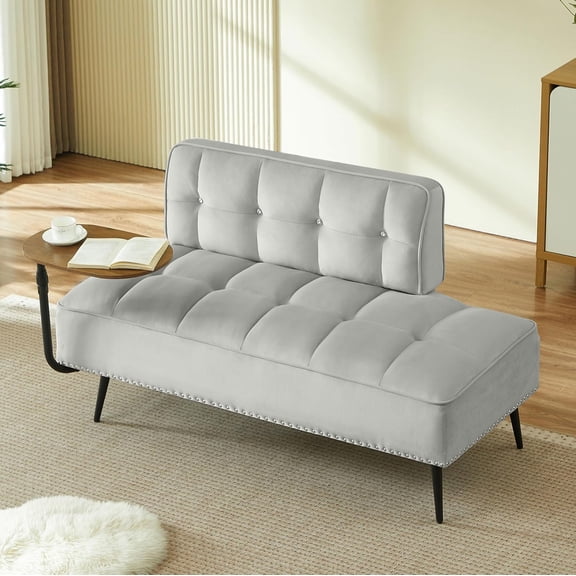 YWEN 55" Inch Width Modern End of Bed Bench, Leather Upholstered Futon Sofa Couch with Back & 360° Swivel Side Table for Small Spaces Living Room, Entryway Ottoman Bench for RV Office