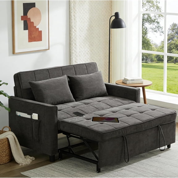 YWEN 57" Chenille Convertible Sofa Bed, Full Size Loveseat Sleeper Sofa with USB & Type-C Port, Adjustable Backrest Loveseat for Living Room, Home Office, Apartment, Guest Room