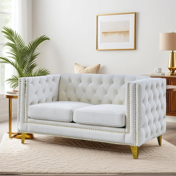 YWEN 58" Chesterfield Velvet 2-Seater Sofa for Living Room,Loveseat Tufted Couch with Rolled Arms Nailhead and Two Pillows for Living Room