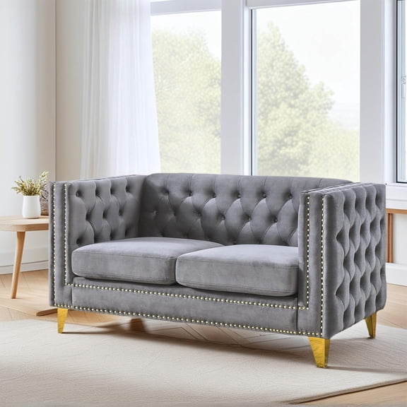 YWEN 58" Chesterfield Velvet 2-Seater Sofa for Living Room,Loveseat Tufted Couch with Rolled Arms Nailhead and Two Pillows for Living Room
