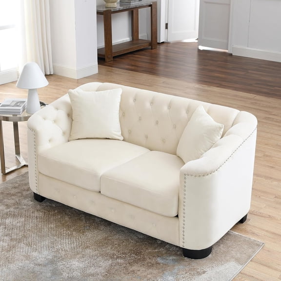 YWEN 59" Chesterfield Sofa, 2 Seater Retro Velvet Couch with Nailhead Arms, Tufted Backrests, 2 Cushions for Living Room Bedroom Office Apartment