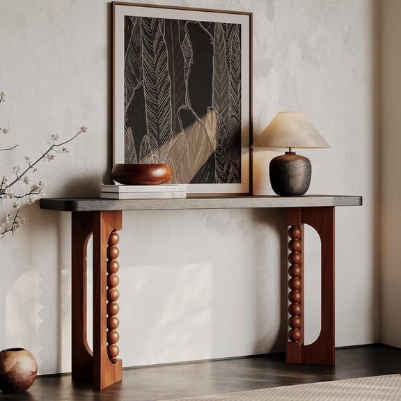 YWEN 59" Long Wood Behind Couch Console Table,Narrow Lacquered Accent Tables Unique Spherical Legs for Living Room,Hallway,Brown