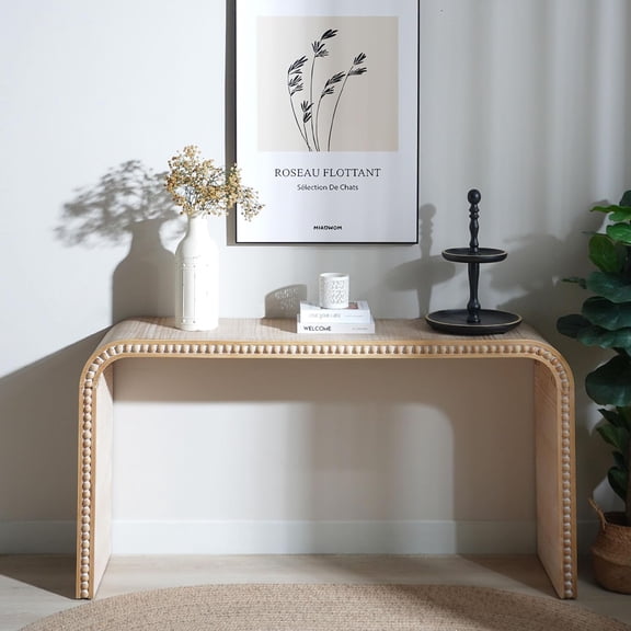 YWEN 59" Modern Black Console Table with Wood Beads, Rustic Wooden Entryway Table with Curved Waterfall-Style, Farmhouse Sofa Table Behind Couch for Living Room, Hallway, Entrance