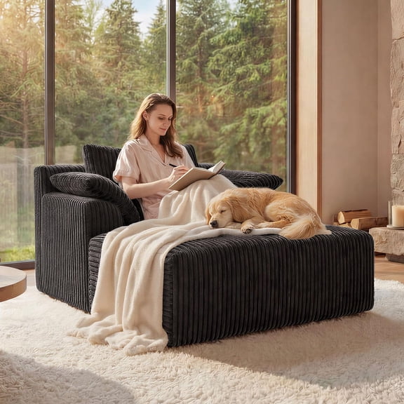 YWEN 60 Inch Boneless Chaise Lounge Chair Indoor, Oversized Corduroy Upholstered Sofa Bed with Pillows, Reading Lounges Cloud Sofas for Living Room, No Assembly Required
